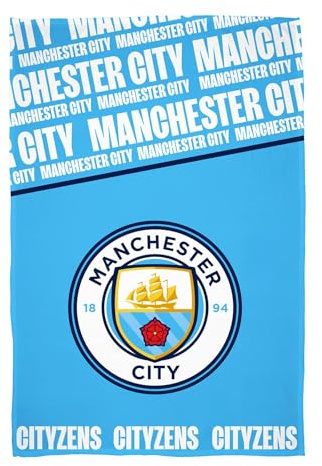 Character World Manchester City Fleece Throw Blanket | Super Soft, Football Crest Design | Blue & White Bold Text Pattern | Warm Super Soft Feel Throw | Perfect for Home, Bedroom, Sleepovers & Camping