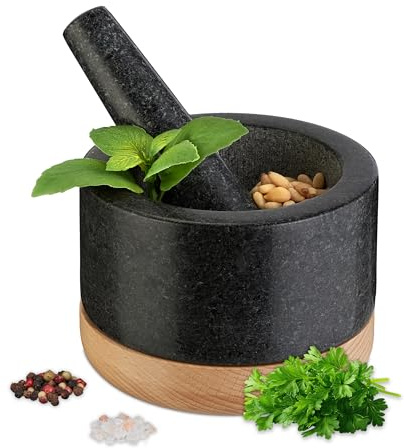 Relaxdays Mörser mit Stößel, Holzuntersetzer, Granit, HxD: 8,5 x 14 cm, Steinmörser, Gewürze & Kräuter, schwarz/grau
