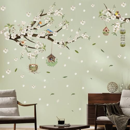 HPNIUB Flower Tree Branch Birds Wall Stickers White Floral Wall Art Cherry Blossom Decal Murals for Wall Bedroom Living Room Home Office Decoration 84 * 30cm