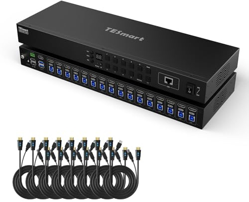 TESmart 16X1 HDMI KVM Switch, USB 3.0 4K@60Hz Rackmount KVM Switch | Enterprise-Grade KVM, EDID Emulator, Hotkey Switch, RS232, IR Remote, IP Control, Auto Scan, with 8 Pcs 5ft KVM Cable