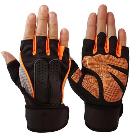 LIZHAYG Gym Handschuhe Trainingshandschuhe fürs Fitnessstudio, Gewichtheben, Fingerlose Handschuhe for Herren und Damen, gepolstert, rutschfest, Handflächenschutz, Handgelenkschützer(Orange,M)