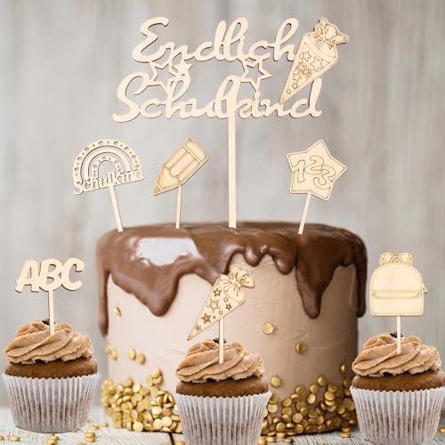 Gleevio Tortendeko Einschulung aus Holz, 7 Stück Endlich Schulkind Cake Topper Einschulung Deko Torte, 2025 Schulkind Tortendeko, Kuchendeko Schulanfang, Zuckertüte ABC 123 Kuchen Deko Mädchen Junge