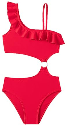 Bañador Niña de un Solo Hombro Bañadores Traje de Baño con Volante Trikini Secado Rápido Moda Sexy Bikini de Una Pieza Sólida Rojo con Anillo Ropa de Playa para Niñas Pequeños Piscina Infantil