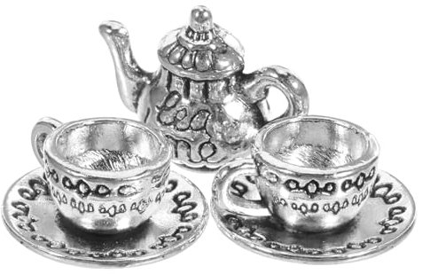 MOLUCKFU Mini Metal Teapot Set Decorative Mini Teapot Model Tea Cup for Kitchen Miniature Photo Prop Silver 3pcs Set