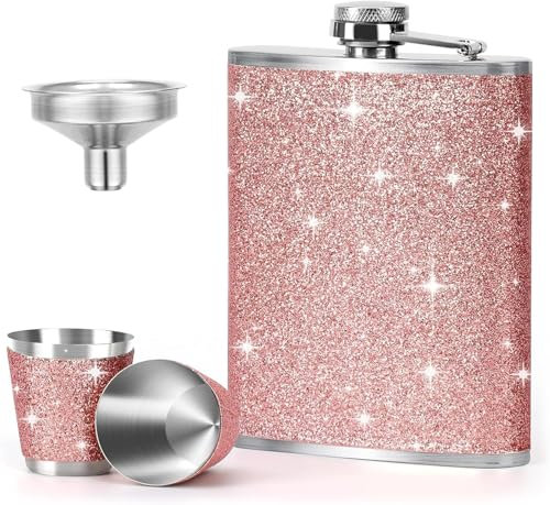 Hip Flask Stainless Steel Hip Flask for Women with 2 Pieces Shot Glass Pink and Funnel, 8 oz/240 ml Hip Flask Pink Glitter for Hiking, Camping, JGA Party and Festival