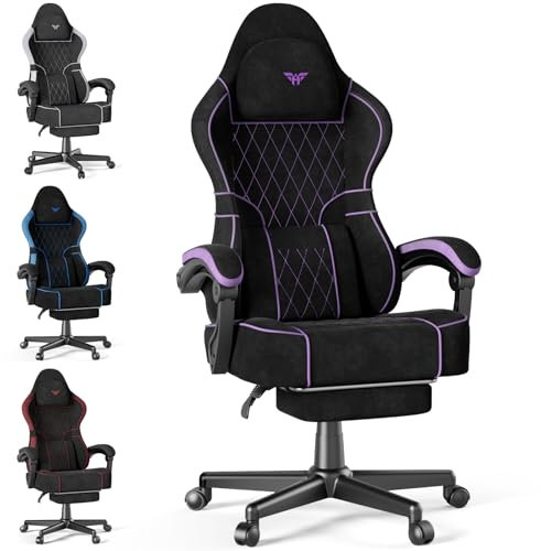 Soontrans Silla Gaming con Cojín Lumbar Masajeador, Silla Gamer con Reposacabezas, Reposapiés, Cadeira Gaming, Tela sintética, Altura Ajustable para Juegos, 136kg (Negro&púrpura)