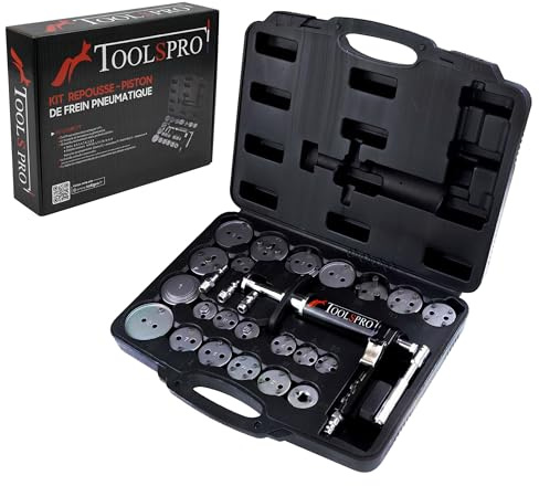 Toolspro - Repousse Piston de Frein Pneumatique - Rotation Gauche & Droite - 27 Pièces Coffret Professionnel Multimarque - Outillage Mecanique Auto - Marque Française
