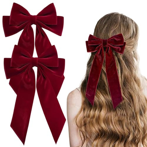 Rot Haar Schleife Damen - 2 Stück Samt Satinband Schleife Haare, Französischer Haarschleifen Mädchen, Weihnachten Metall Bogenknoten Clip Vintage Haarnadel Für Frauen Mädchen, Party Hair Bow Clips