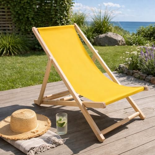 HAGO24 Strandliege Gelb Sonnenliege Gartenliege Liegestuhl Klappstuhl Holz Kiefernholz Polyester 3fach verstellbar faltbar Balkon Terrasse 120kg