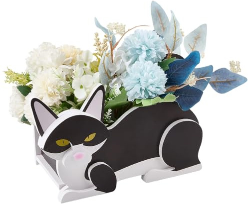 CREATCABIN Maceta con Forma de Gato Macetas de Flores con Diseño de Gato En Blanco Y Negro Macetas de PVC Contenedores de Almacenamiento Recuerdos Regalos para Exteriores Interiores 34x14.5x18.8cm