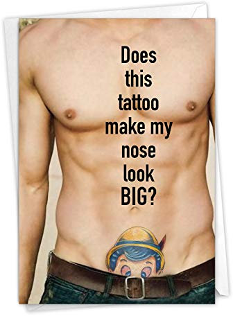 C4881BDG Geburtstagskarte, Motiv: Penis, gewellte Muskeln und Pinocchio-Tattoo, mit Umschlag