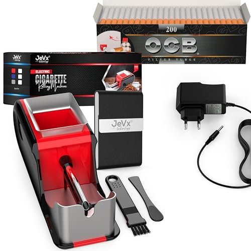 JeVx Máquina Entubar Eléctrica y Liar Tabaco Automática +200 Tubos de Cigarrillos OCB + Pitillera, Máquina para Hacer Cigarros y Liadora de Cigarrillos, Máquina de Hacer Tabaco Rojo