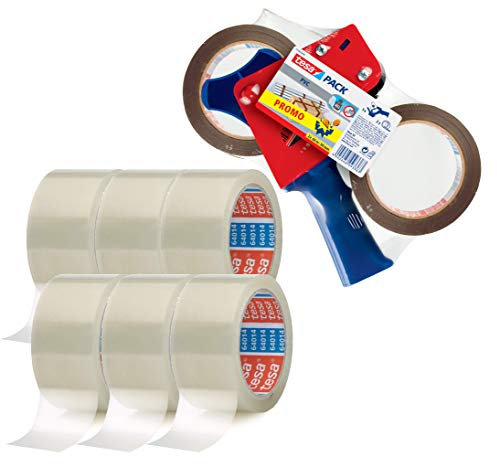 tesapack Ultra Strong und Handabroller im Set mit 2 besonders reißfesten PVC-Klebebändern Braun 66 m x 50 mm (1 Abroller + 6 Rollen extra, transparent)