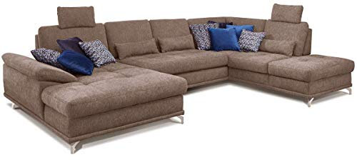 Cavadore Wohnlandschaft Castiel mit Federkern / Großes Schlafsofa in U-Form mit Bett, Sitztiefenverstellung und Kopfstützen / 368 x 114 x 232 / Webstoff, Hellbraun