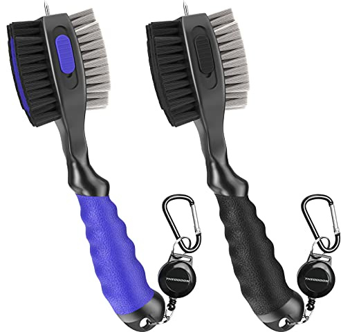 THIODOON Lot de 2 brosses de Club de Golf et Nettoyeur de rainures de Club de Golf de 0,6 m avec Mousqueton rétractable, tête de Brosse surdimensionnée avec Piquet rétractable, Prise en Main