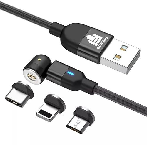 Filliano cavo magnetico ricarica rapida 3A trasferimento dati avvolgibile 1M rotazione 360-180 Cavo Lightning con 3 calamite per cavo usb type C e micro usb per ricarica universale
