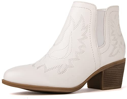 GLOBALWIN Women's Cowgirl boots Western Short Ankle Pull On Comfortable Cowboy Boots For Women Low Heel, 21yy01 White, 9 UK