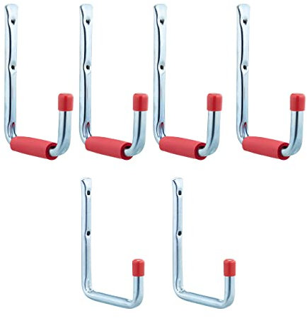 Relaxdays Wandhaken 6er Set, 2 Größen, bis 17,5 kg, Haken für Garage, Werkstatt, Keller, Stahl, Schaumstoff, Silber-rot