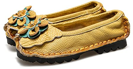 ZOOGEM Women's Traditional Handmade Vegan Ballet Flats Round Toe Ethnic Flats Slip on Soft and Comfortable Women's Flats (Yellow,5)