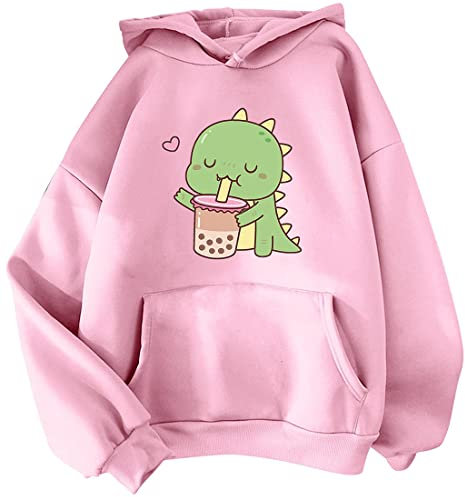 YINGKE Donna Adolescente Kawaii Morbida Felpa con Cappuccio Carino Dinosauro Anime Stampa Maniche Lunghe Autunno Inverno Felpa Ragazze Felpa(M,RosaMilktea)