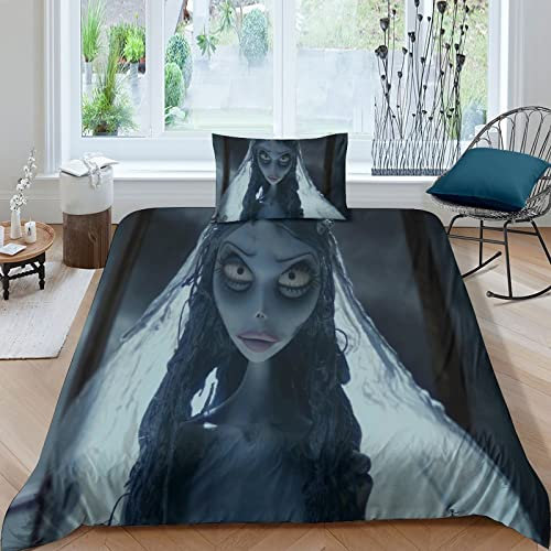 Zombie Bride Bedding Set 3D Print Duvet Cover Soft Microfiber with Hidden Zipper Closure Anime Quilt Cover for Teenagers Comforter Cover with Pillowcases 2 Pieces Set Single（135x200cm）
