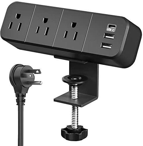 Yundian Desk Clamp Power Strip with 3 AC Outlets, Desktop Edge Mount 1625W Surge Protector with 2 USB A and 1 USB C Ports, 6.5 ft Plug Extension Cord, Desk Edge Power Strip for Home, Office, Black