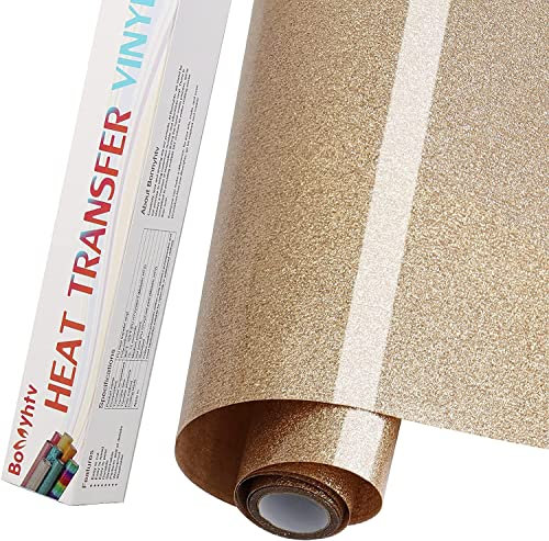 Bonnyhtv Glitter HTV Heat Transfer Vinyl Roll, Glitter Iron on Vinyl for Cricut & Silhouette Cameo, 12 x 20ft Glitter Vinyl for Heat Transfer Vinyl for T-Shirts Gifts (Glitter Champagne)