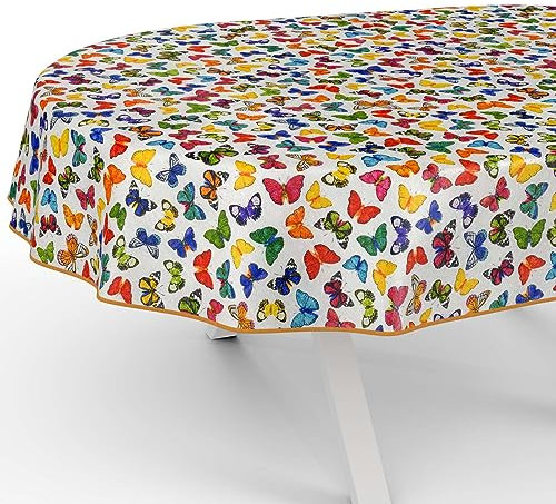 Tischdecke aus Stoff Textil abwaschbar Tischwäsche Tischtuch Baumwolle Polyester Colorful Butterflies Oval 200x140cm In-/Outdoor Tischdecke