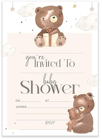 Bear Theme Baby Shower Invite Cards - Pack of 20 Cute Bear Invitation Cards- Boy Girl Baby Shower, (BS-BEAR-INV) PLEASE NOTE ENVELOPES NOT INCLUDED
