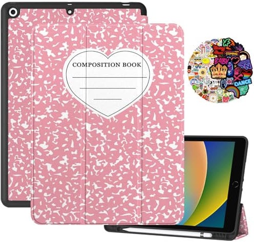 Cabreche Compatible with iPad 10.2 Inch Case 9th/8th/7th Generation (2021/2020/2019), Pencil Holder, Sticker, Auto Sleep/Wake Cover, Girls and Women, Cute Preppy Notebook,