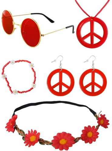 Heartsking Hippie Accessoires, Hippie Kostüm Damen 5 Stück Rot 70er Jahre Accessoires, Flower Power Accessoires Zubehör, 60er 70er Kostüm Zubehör für Halloween Mottopartys Disco Party