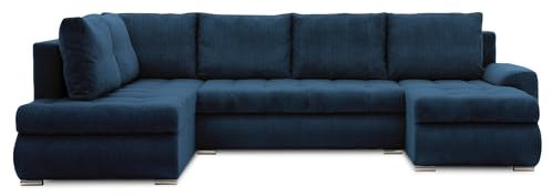 Mebligo - Ecksofa mit Schlaffunktion und Bettkasten Tokio II PRO, 300 cm Breit, Wohnzimmer Eckcouch Ottomane Links, Sofa Cord mit Bettfunktion - Sofa Dunkelblau (Poso 005)