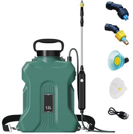 XQZMD Pulverizador de mochila a batería, pulverizador de malezas de 3.2 galones/12 L con 4 boquillas de niebla ajustables y correa para el hombro, varita telescópica, pulverizador eléctrico de bomba