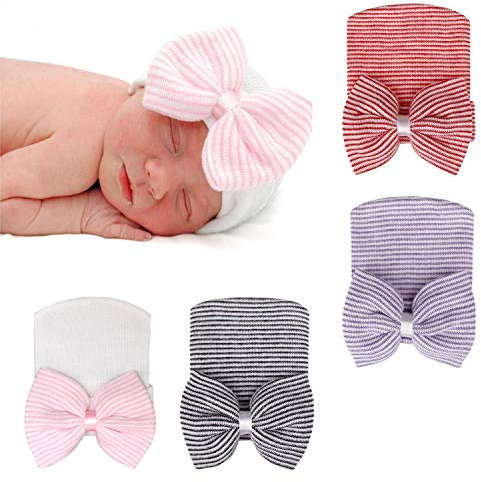 DRESHOW 4 Stück Neugeborenen Krankenhaus Hut Infant Baby Hut Mütze Mit Großen Bogen Weichen Niedlichen Knot Kindergarten Mütze