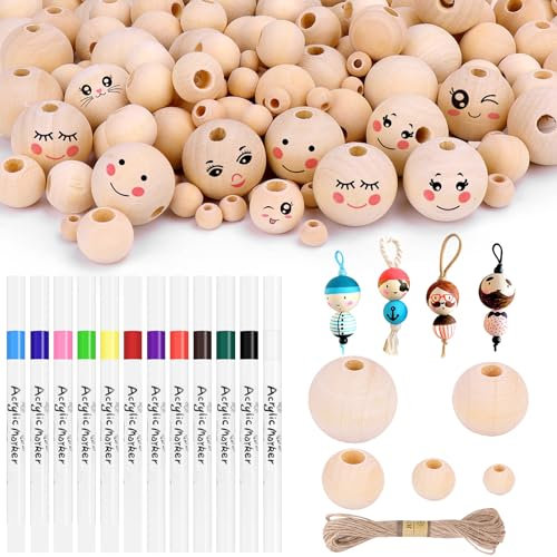 Kkluno 200 Stück Holzkugeln mit Loch 8-25mm, Holzperlen zum Auffädeln mit Bastelseilen, DIY Runde Holzperlen mit 12 Malstift und Meter Hanfseil, Perlen Holz für basteln Schmuck Armband Halskette