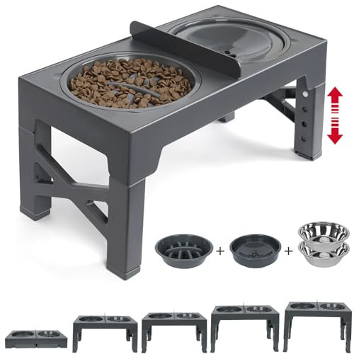 UHAPEER 5 Heights Adjustable Elevated Dog Bowls for Large Dogs,Raised Dog Bowl Stand with 2 Stainless Steel Dog Food Bowls & Slow Water Bowl & Slow Feeder Bowl for Small Medium Large Dogs and Pets