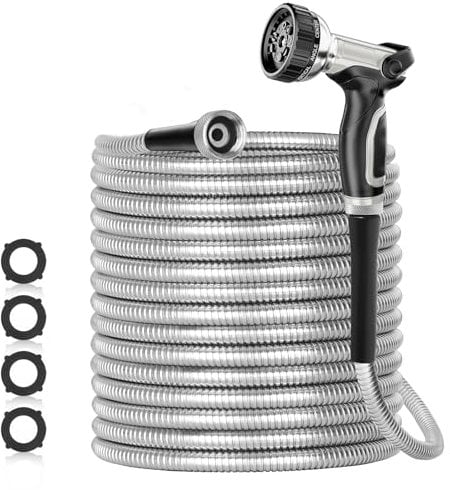 SPECILITE 200ft 304 Stainless Steel Garden Hose Metal, Heavy Duty Water Pipe with Nozzles for Yard, Outdoor - Flexible, Never Kink & Tangle, Puncture Resistant (Sliver)