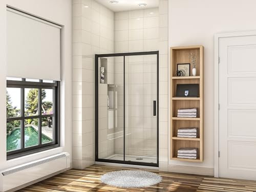 Porte de douche coulissante 100cm avec l'amortisseur en verre anticalcaire, porte de douche en noir mat Hauteur 195cm
