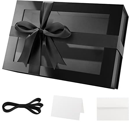 PKGMAGIC Große Geschenkbox mit Fenster, 35,6 x 24 x 11,4 cm, Schwarz, leere Geschenkbox, transparent, magnetisch, mit Band, Karte, Box für Vatertag, Hochzeit, Geburtstag