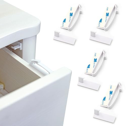 4 Pcs Child Safety Cupboard Locks, Child Locks for Drawers Invisible & Unlocked Design No Drilling Needed, Strong Adhesive Easy Install for Cabinet Cupboard and Other Furniture