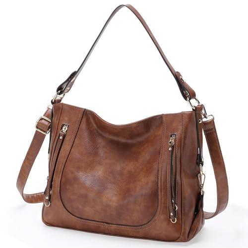 Kasgo Handtasche Damen Groß Shopper Hobo Tasche PU Leder Uhängetasche Vintage Schultertasche Henkeltaschen mit Abnehmbarem Schulterriemen Braun