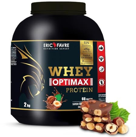 WHEY OPTIMAX PROTEIN +74% Protéines Bi-sources: WPC + Protéine Brevetée, 17g BCAA, 11g Glutamine, Peu Sucrée et Onctueuse｜Idéal pour la Prise de Masse Musculaire｜Chocotella 2 kg- Eric Favre