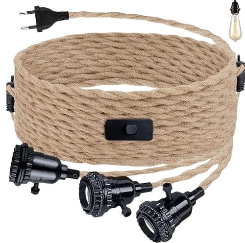 GOMETY 3 paia di portalampada con cavo E27, kit a sospensione con interruttore, corda di canapa da 6,8 m, lampada a sospensione fai da te, vintage, cavo in tessuto, kit per soggiorno, senza lampadina