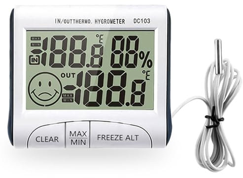 Digital Hygrometer Indoor Thermometer Room Humidity Meter Temperature Monitor with Probe Sensor, C/F Switchable, Clock Function, MAX/MIN Record for Baby Room Bedroom Office Outdoor