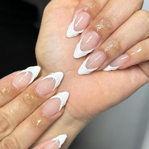 SXVME White French Tip False Nails Almond Acrylic Press on Nails Nude Full Cover Fake Nails with 3D Sculpting Design for Women Manicure 24 Pcs