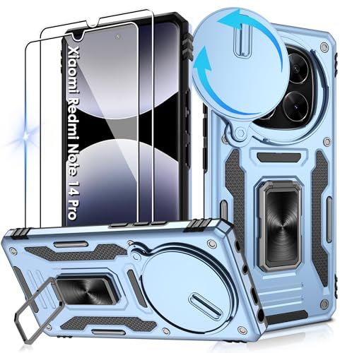 Jshru Handyhülle für Xiaomi Redmi Note 14 Pro 4G/5G Hülle Kameraschutz Slide Camera mit 2 Stück Schutzfolie, Metall Ring Ständer Case Stoßfest Schutzhülle für Xiaomi Note 14 Pro,Hellblau