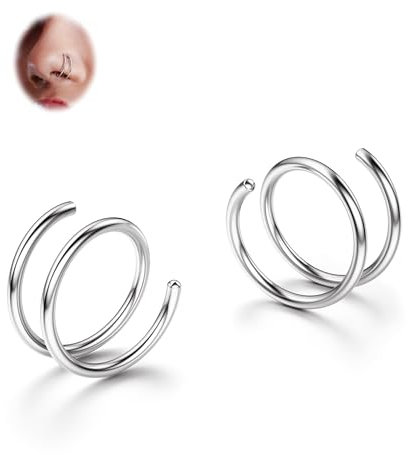 BodyBonita - 2 Aros Nasales Dobles de Acero Inoxidable 316L Suavizados para Piercings Individuales 18G Aros Nasales Flexibles con Espiral para Mujer Plata 8 mm