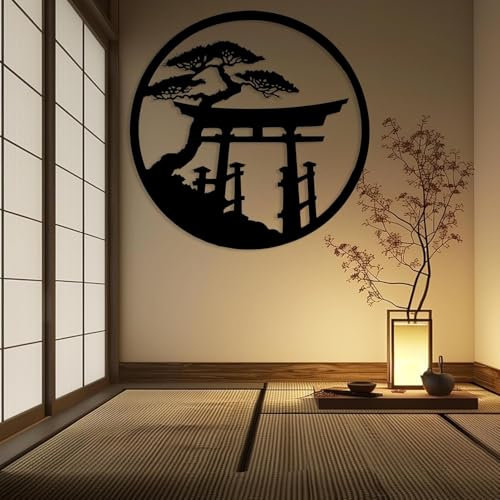 Metal Japanese Wall Art Torii Gate Wall Decor Japanese Torii Gate Decor Cherry Blossom Art Asian Shinto Landscape Decorations for Home Living Room Outdoor (Black, 18.5x18.5 inch/47x47 cm, Metal)