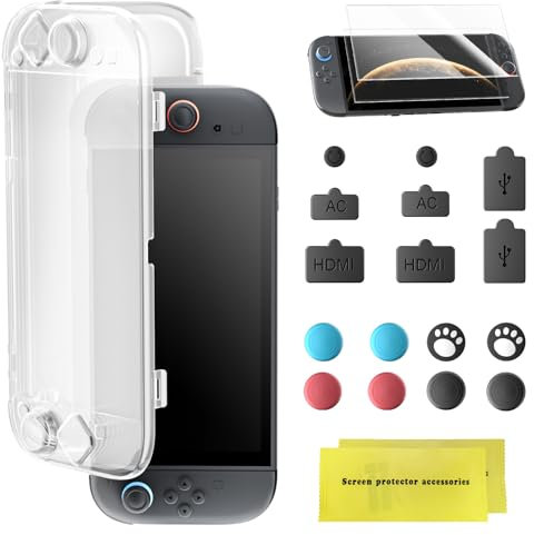 Protective Case for Nintendo Switch 2, AOLION Accessories for Nintendo Switch 2 Console with Clear Acrylic Shell, Dust Plugs, 2 Tempered Glass Screen Protectors and 8 Silicone Thumb Grips