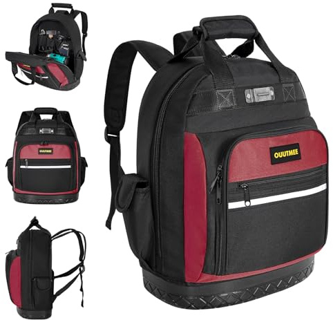 OUUTMEE Werkzeug-Rucksack, Werkzeugtasche mit mehreren Taschen und ABS-verstärktem Boden, robuster Werkzeug-Organizer mit gepolsterten Schulter- und Hüftgurten, Werkzeugaufbewahrung für Elektriker und